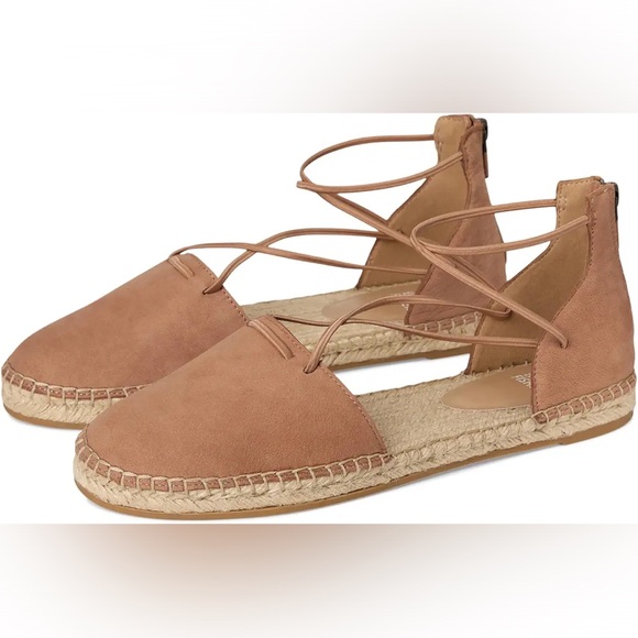 Eileen Fisher Tan Leather Espadrille Flat Elastic Straps Zip Heel Closure SZ 7 - Picture 3 of 16